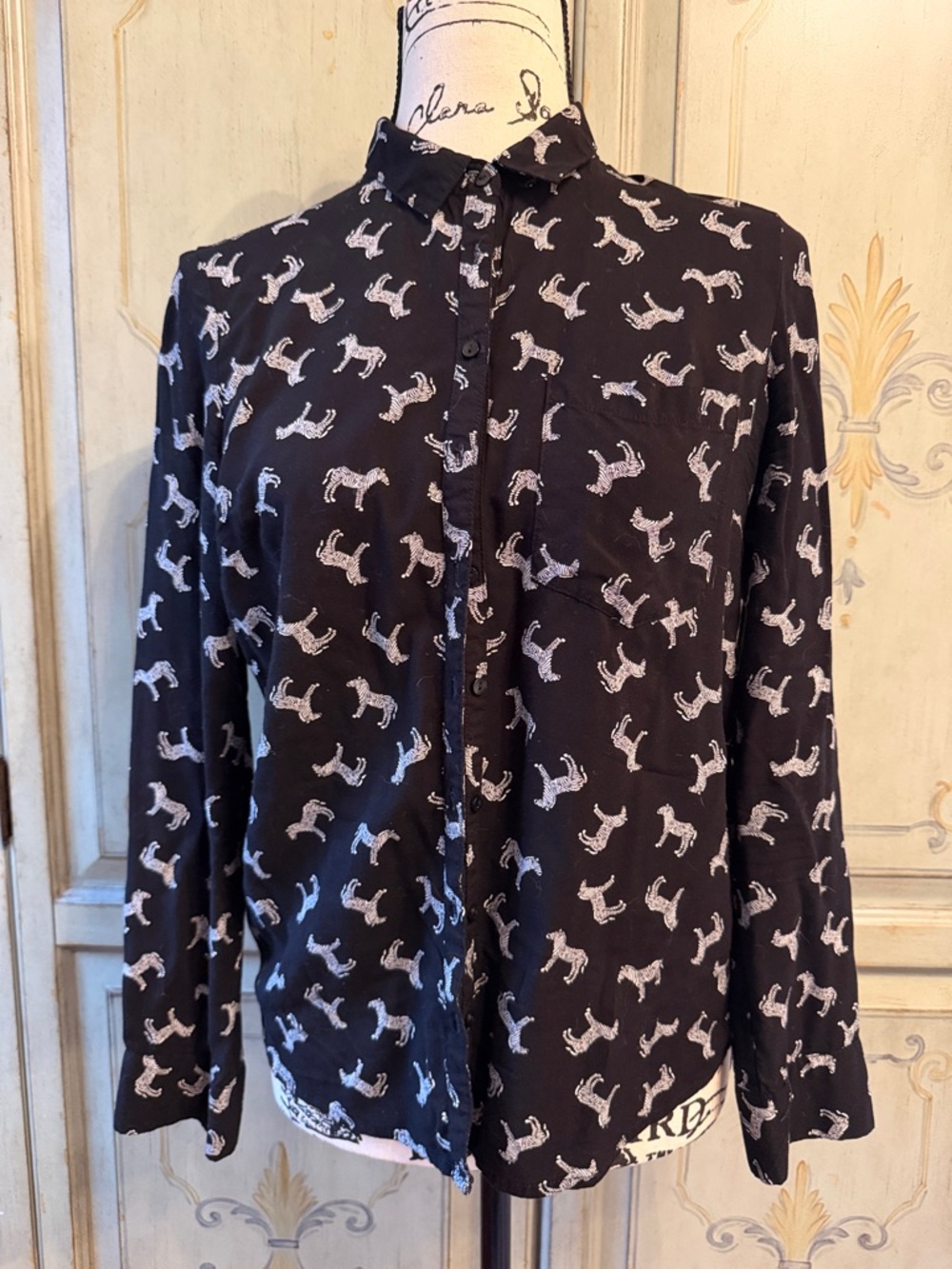 Sinsay Black Button-Down Shirt with White 🦓 Print